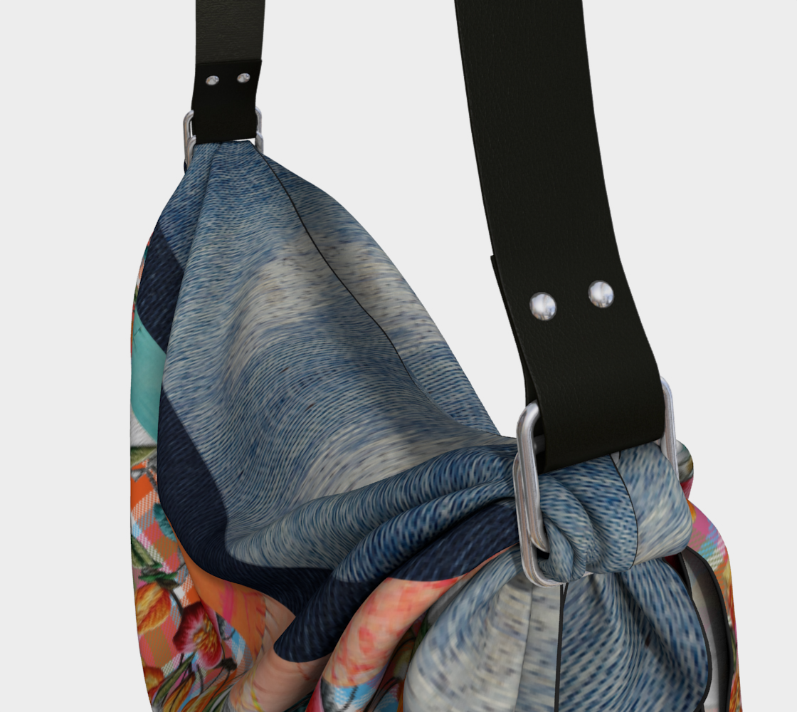 Floral Party in Orange Plaid and Denim Print Hobo Scarf Bag