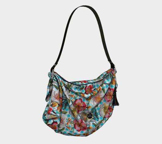 Floral Party in Blue Gingham Hobo Scarf Bag
