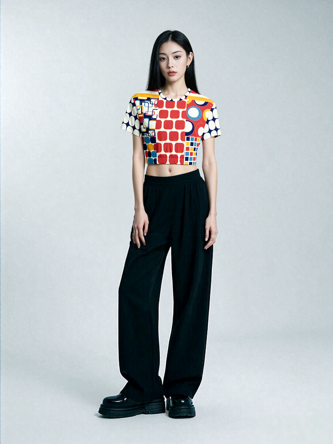 Primary Skool Geo Print Eco-Poly Short Sleeve Cropped Pullover