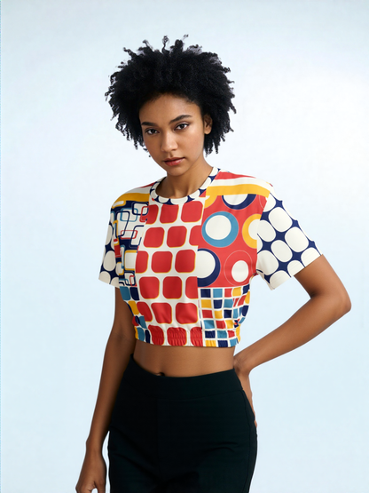 Primary Skool Geo Print Eco-Poly Short Sleeve Cropped Pullover