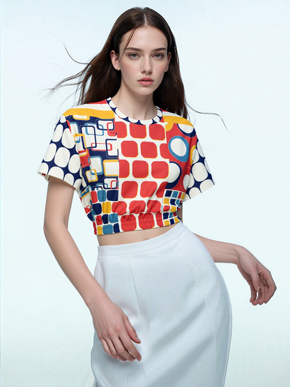 Primary Skool Geo Print Eco-Poly Short Sleeve Cropped Pullover