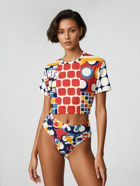 Primary Skool Geo Print Eco-Poly Short Sleeve Cropped Pullover