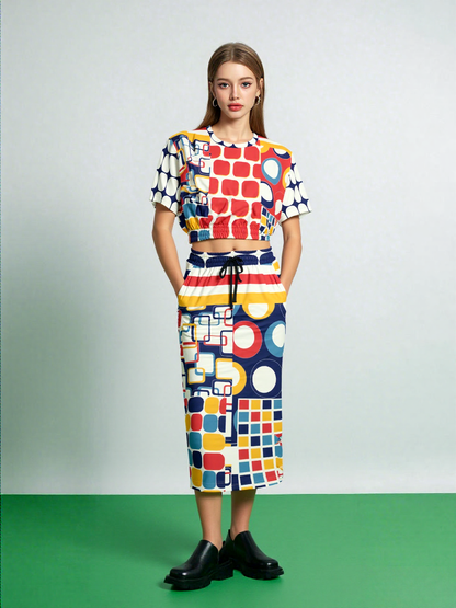 Primary Skool Geometric Print Eco-Poly Long Maxi Skirt