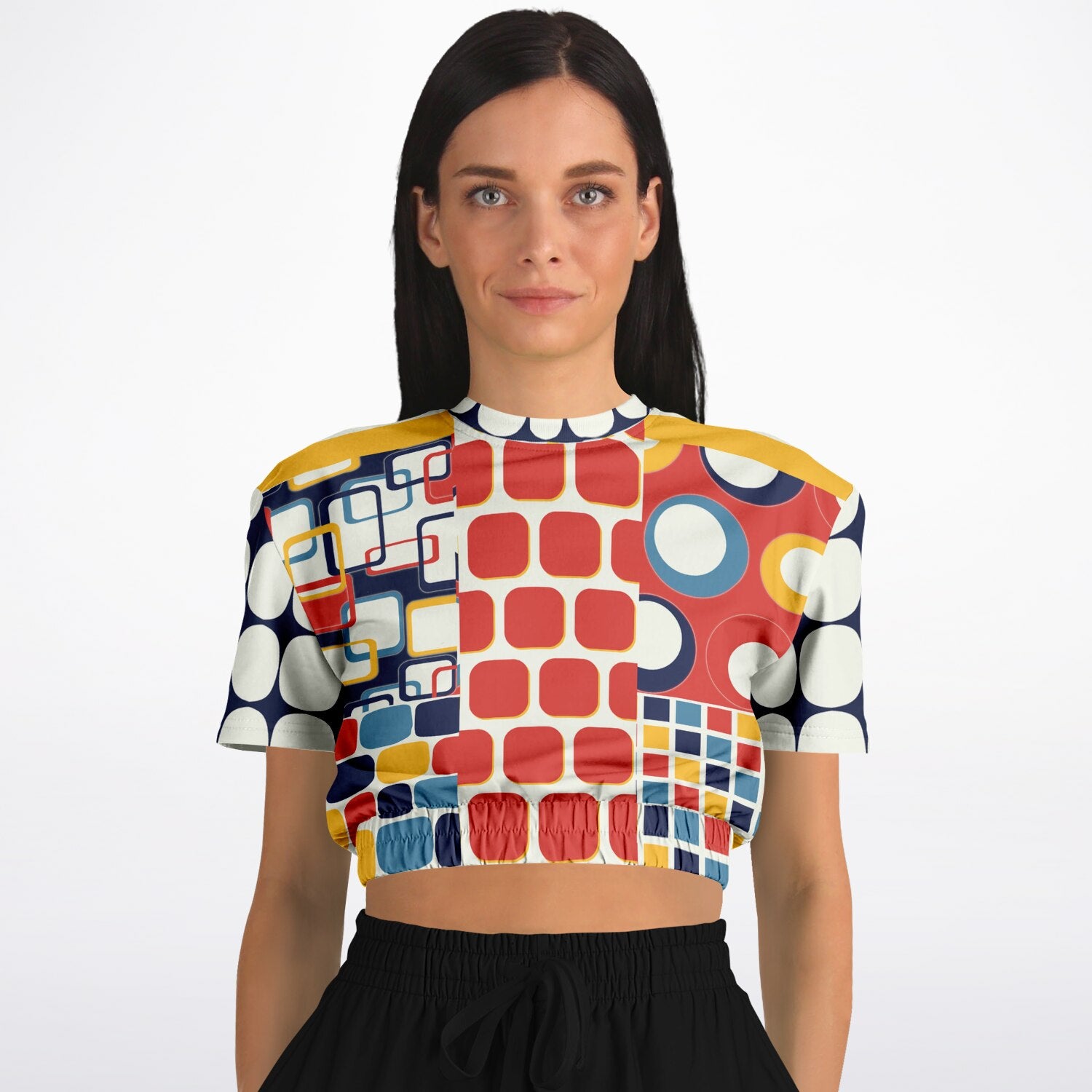 Primary Skool Geo Print Eco-Poly Short Sleeve Cropped Pullover