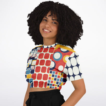 Primary Skool Geo Print Eco-Poly Short Sleeve Cropped Pullover