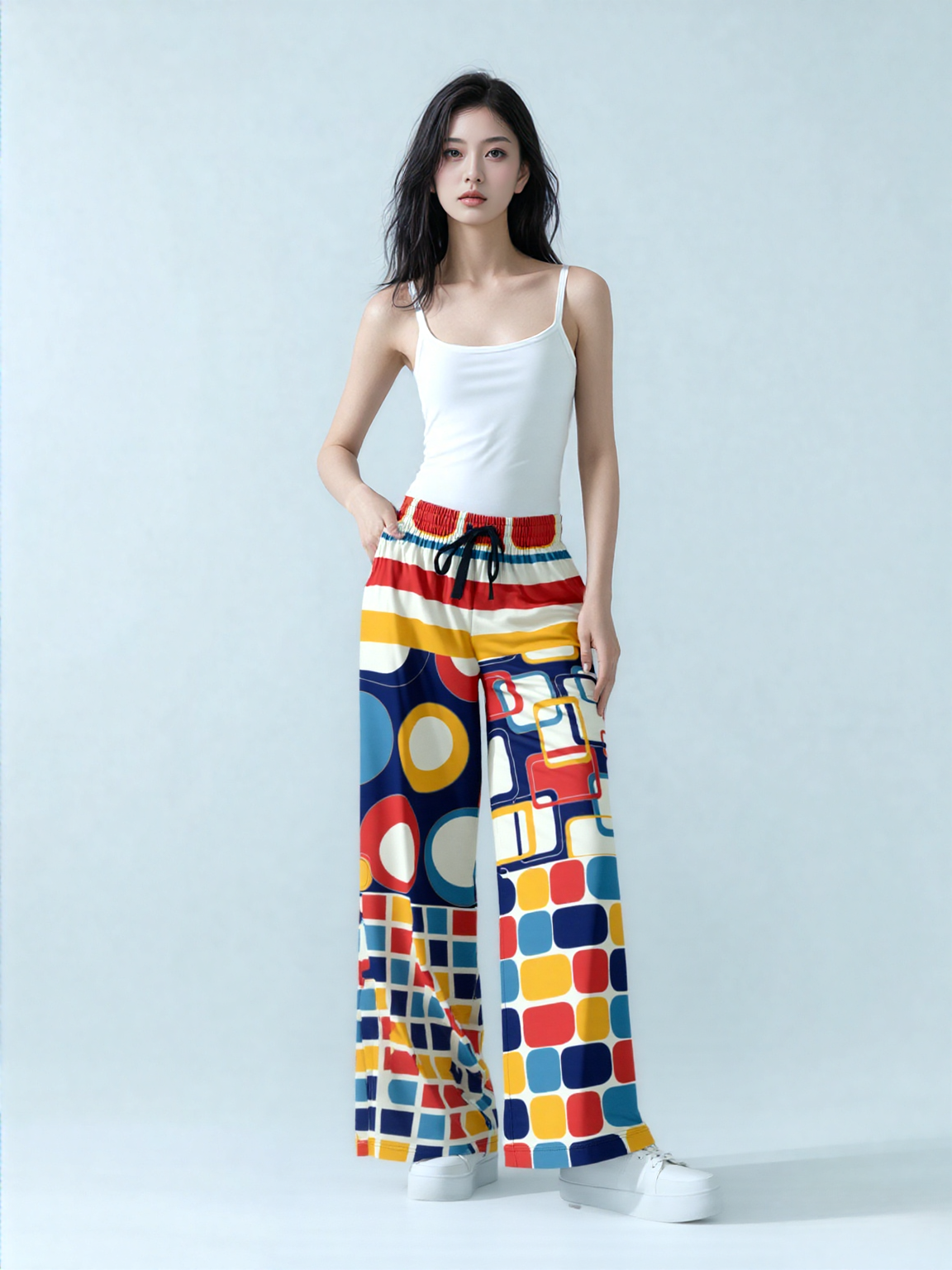 Primary Skool Geometric Print Eco-Poly Wide Leg Pants