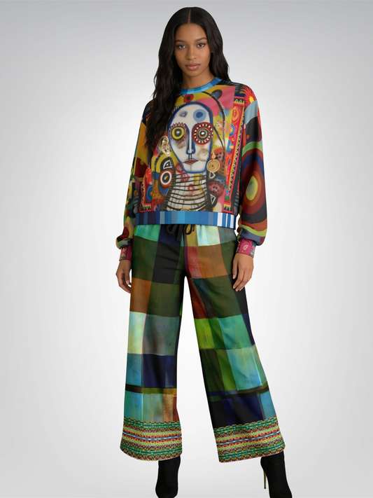 Flashback to the 70s in Checkerboard Eco-Poly Wide Leg Pants