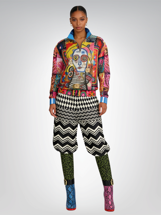 Cookies and Cream Chevron Patchwork Eco-Poly Wide Leg Pants