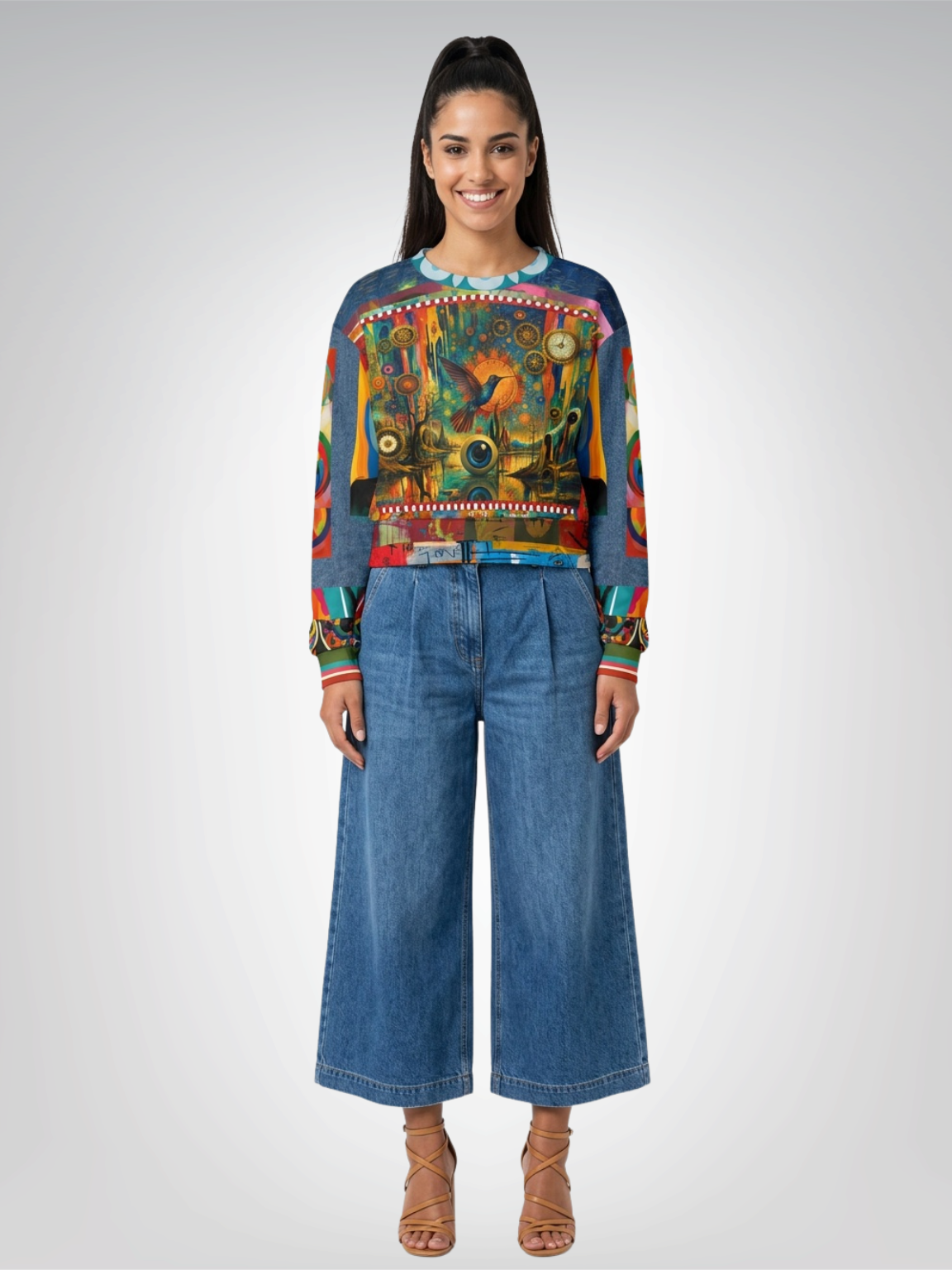 Psychedelic Hummingbird of the Glowing Lake Cropped Sweatshirt (Gold Label)