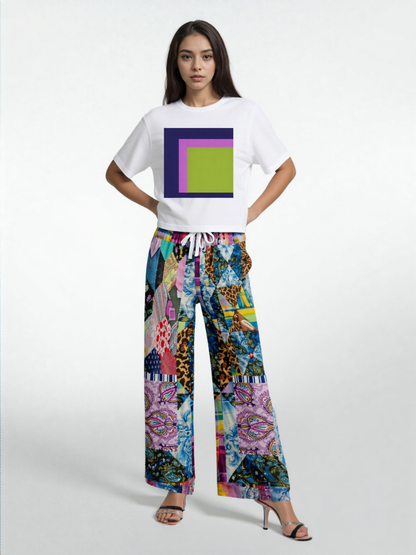 Gypsy Queen Juxtapose Purple Patchwork Quilt Eco-Poly Wide Leg Pants