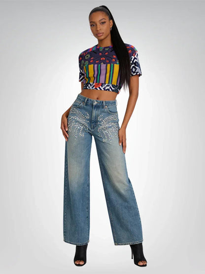 Purple Flurry Floral Stripe Eco-Poly Short Sleeve Cropped Pullover