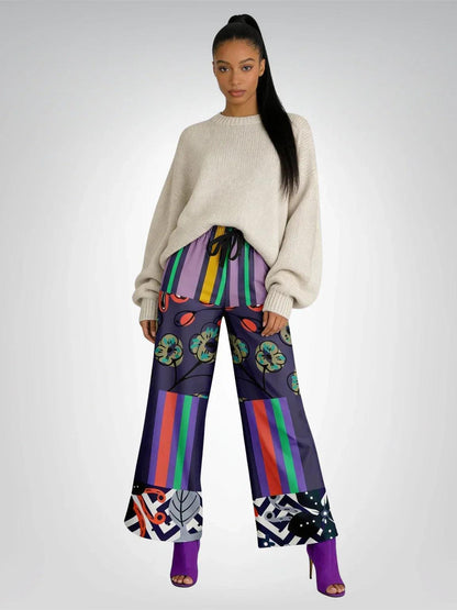 Purple Flurry Floral Stripe Eco-Poly Wide Leg Pants