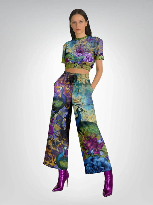 Purple Fusion Peacock in Bloom Eco-Poly Wide Leg Pants