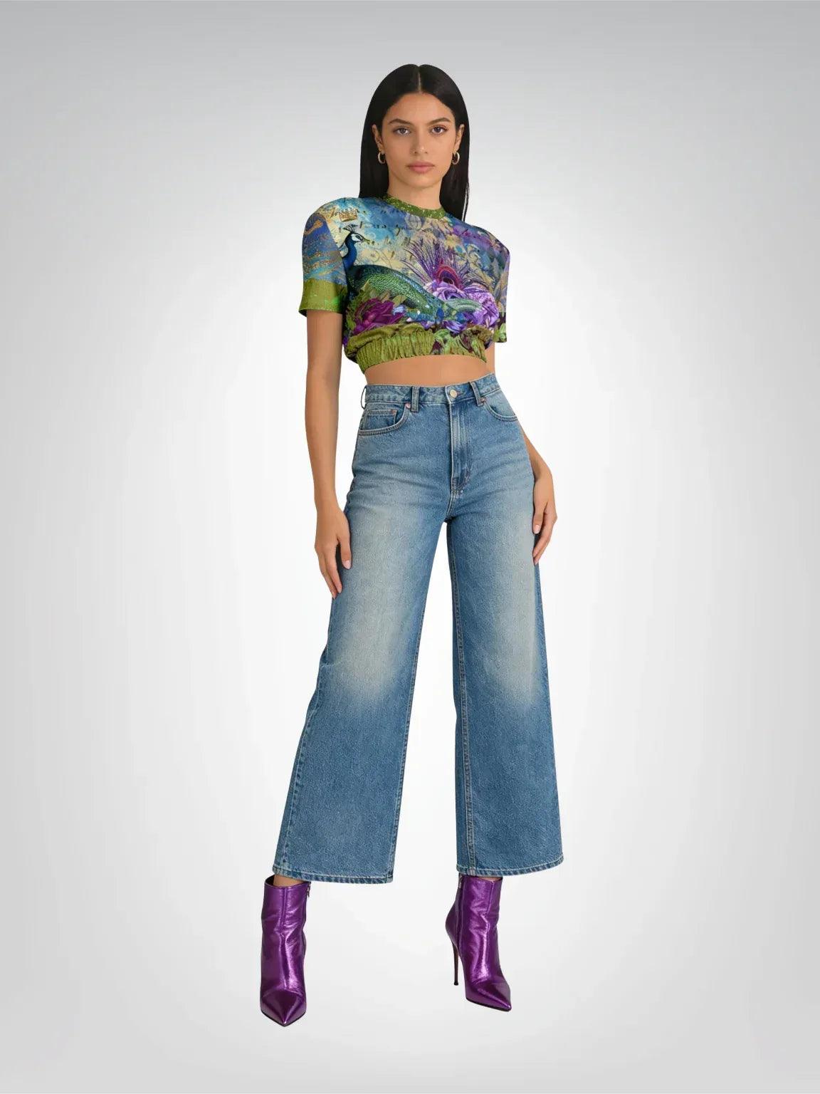 Purple Fusion Peacock in Bloom Eco-Poly Short Sleeve Cropped Pullover