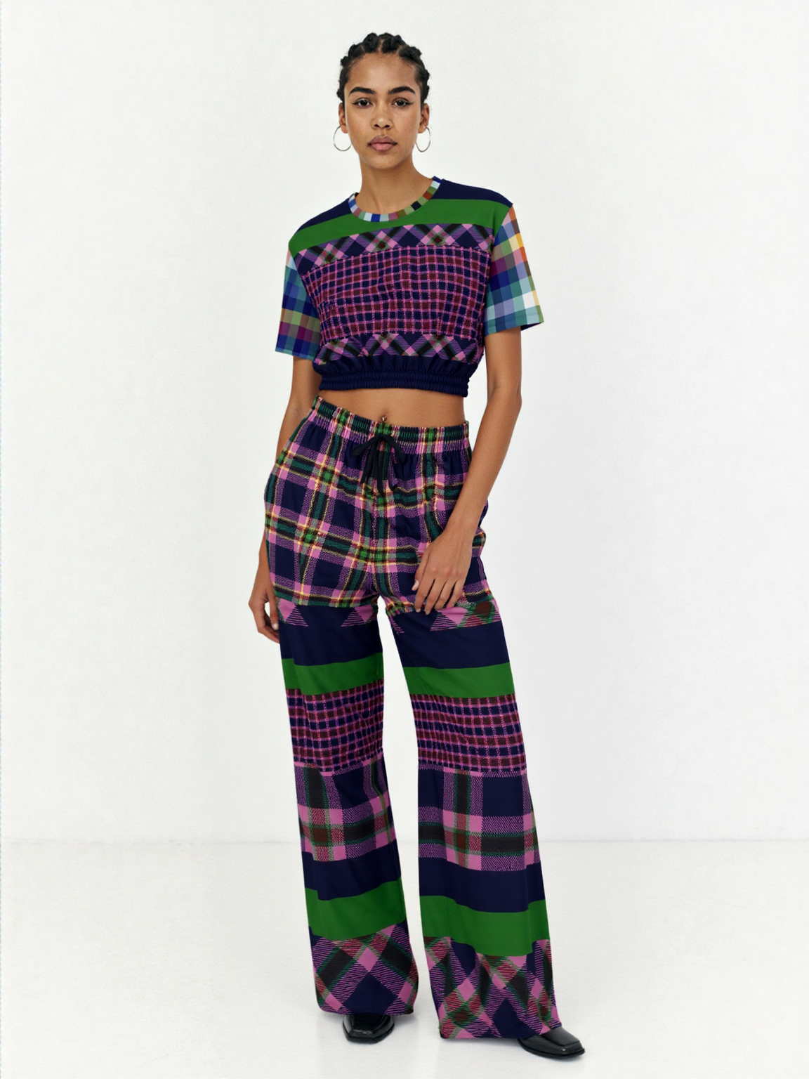 Purple Passion Plaid Rugby Stripe Eco-Poly Wide Leg Pants