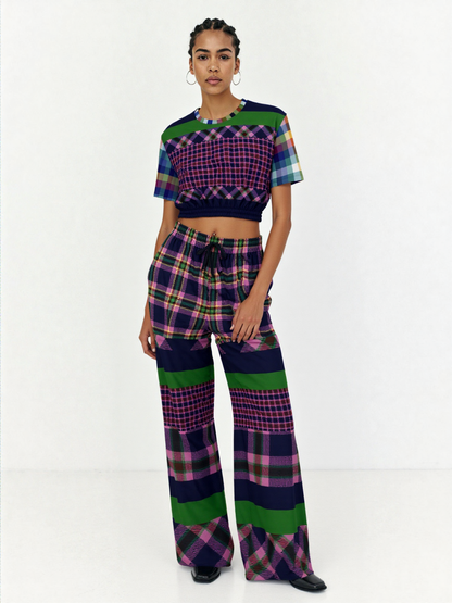 Purple Passion Plaid Rugby Stripe Eco-Poly Wide Leg Pants