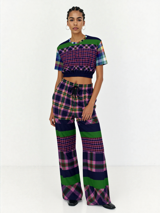Purple Passion Plaid Rugby Stripe Eco-Poly Wide Leg Pants