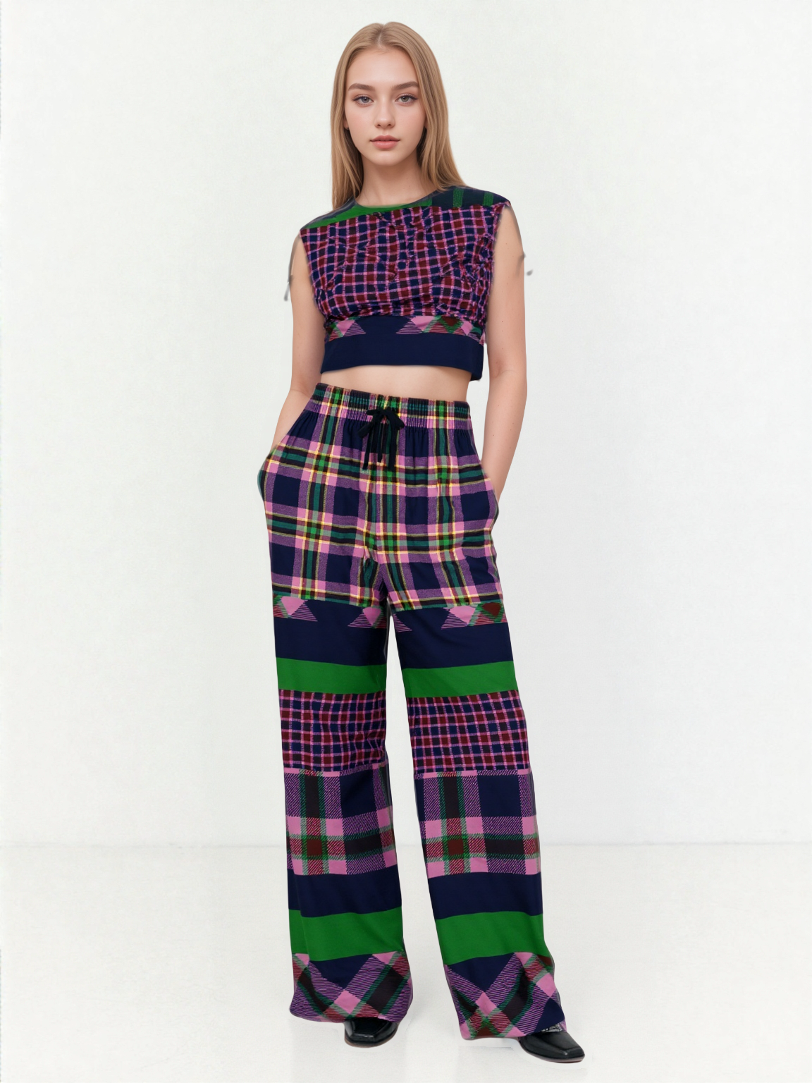 Purple Passion Plaid Rugby Stripe Eco-Poly Wide Leg Pants