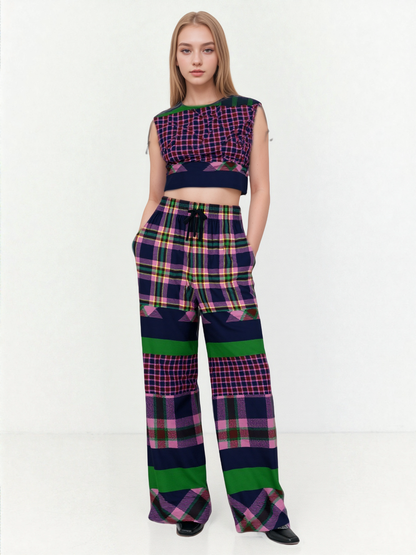 Purple Passion Plaid Rugby Stripe Eco-Poly Wide Leg Pants