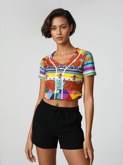 Queenie Floral Stripe Hippie Eco-Poly Cropped Baseball Jersey