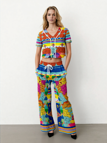 Queenie Hippie Floral Stripe Eco-Poly Wide Leg Pants