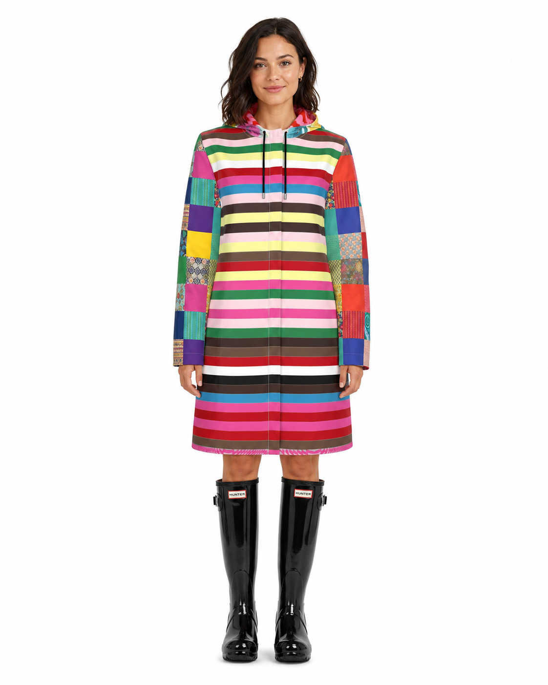 Rainbow Candy Stripe Patchwork Womens Hooded Rain Jacket