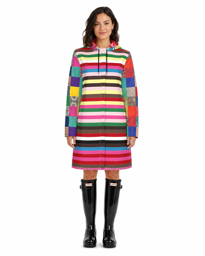 Rainbow Candy Stripe Patchwork Womens Hooded Rain Jacket