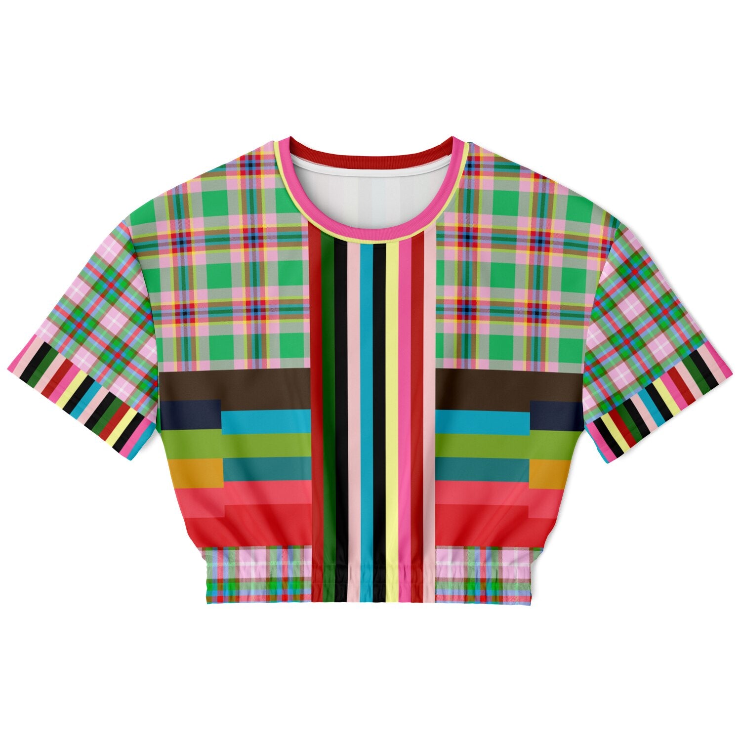 Rainbow Elephant Pink Plaid Rugby Stripe Eco-Poly Short Sleeve Cropped Pullover
