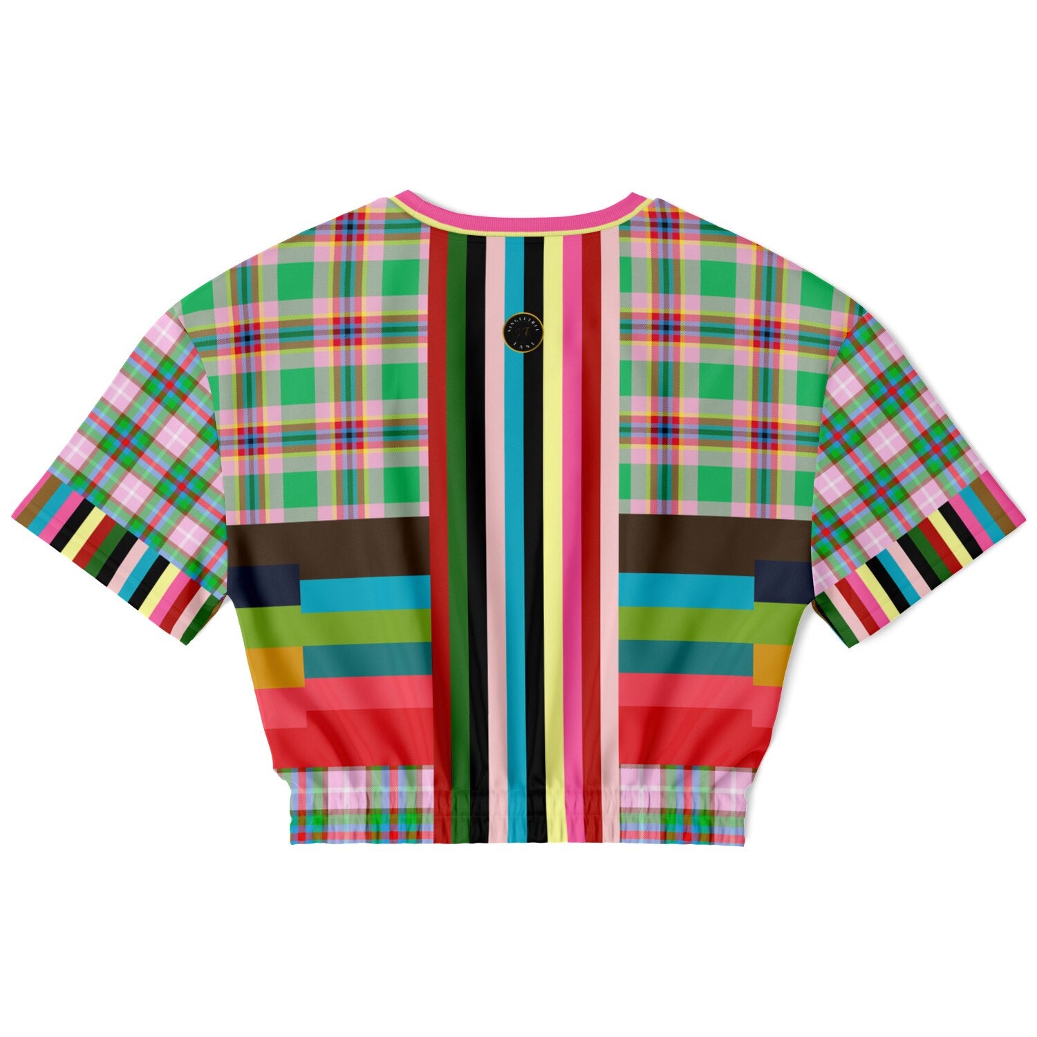 Rainbow Elephant Pink Plaid Rugby Stripe Eco-Poly Short Sleeve Cropped Pullover