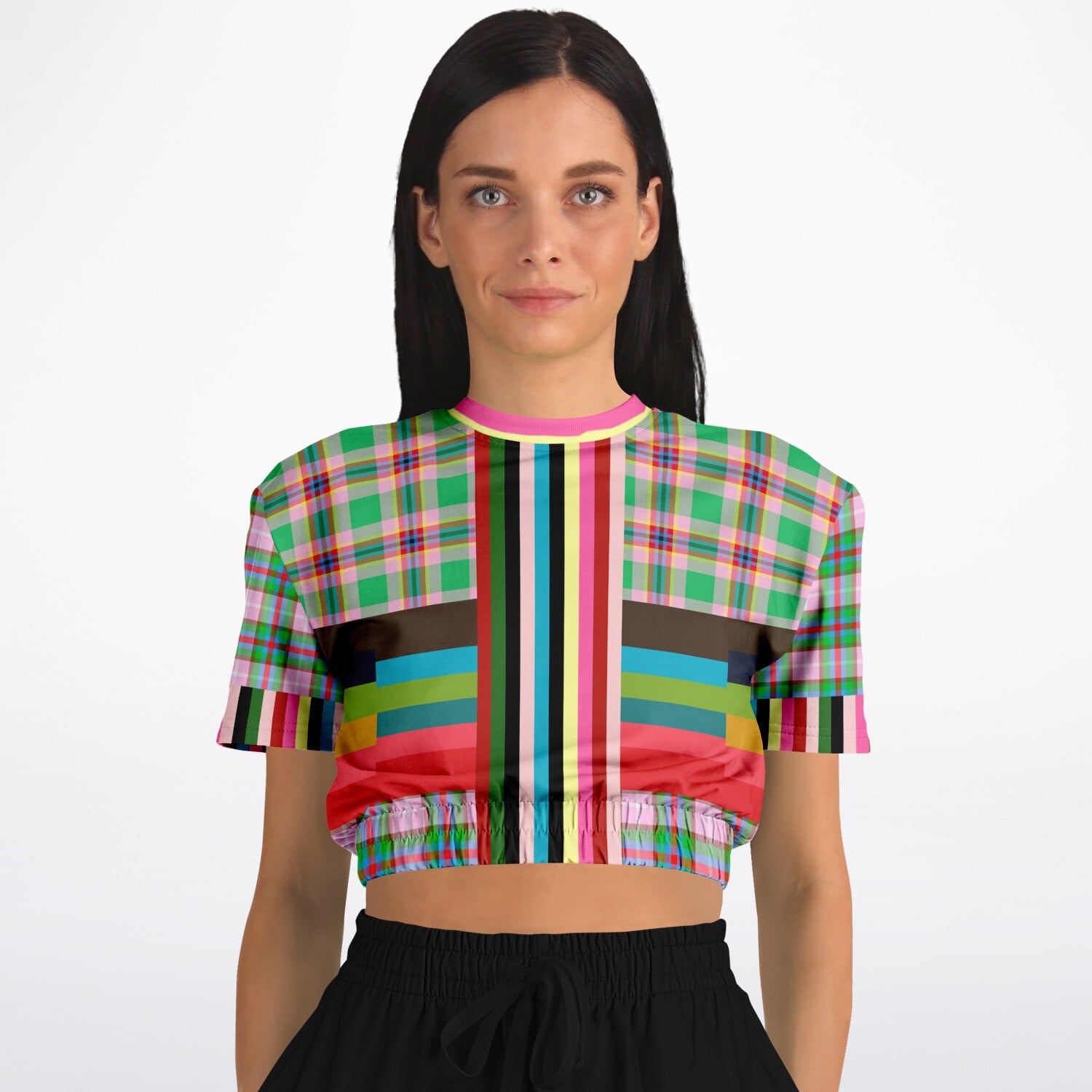 Rainbow Elephant Pink Plaid Rugby Stripe Eco-Poly Short Sleeve Cropped Pullover