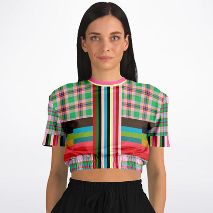 Rainbow Elephant Pink Plaid Rugby Stripe Eco-Poly Short Sleeve Cropped Pullover