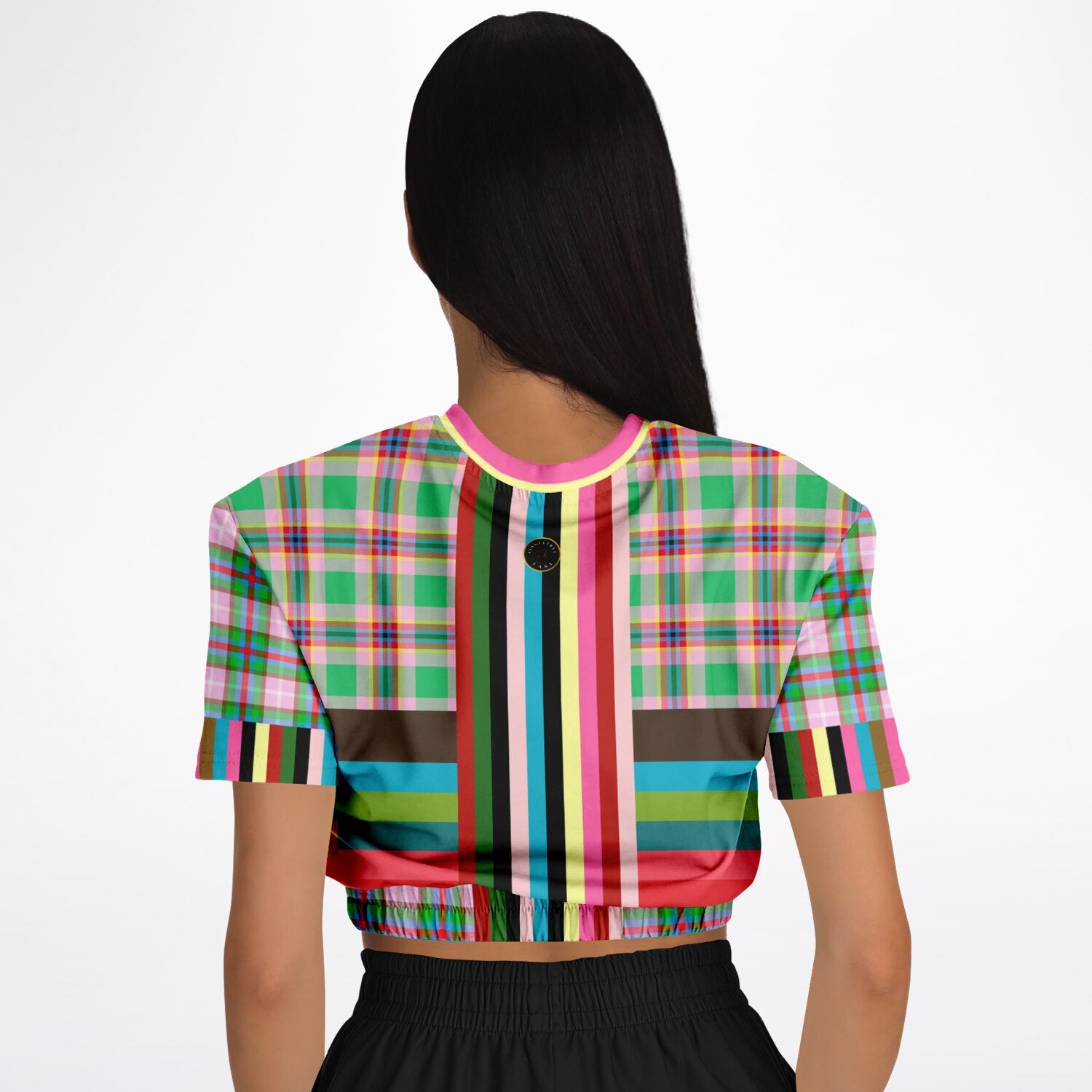 Rainbow Elephant Pink Plaid Rugby Stripe Eco-Poly Short Sleeve Cropped Pullover