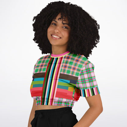 Rainbow Elephant Pink Plaid Rugby Stripe Eco-Poly Short Sleeve Cropped Pullover