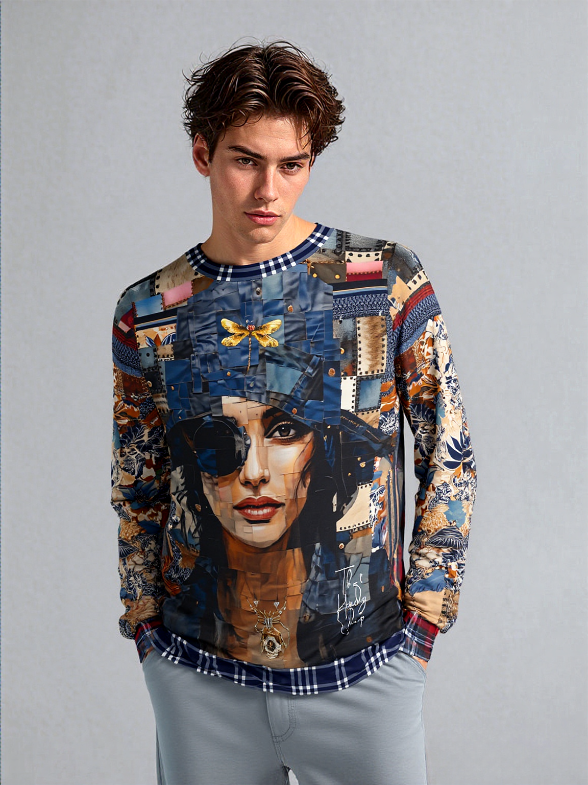 Raven Girl in Denim Chapeau Patchwork Print Unisex Sweatshirt (Gold Label)