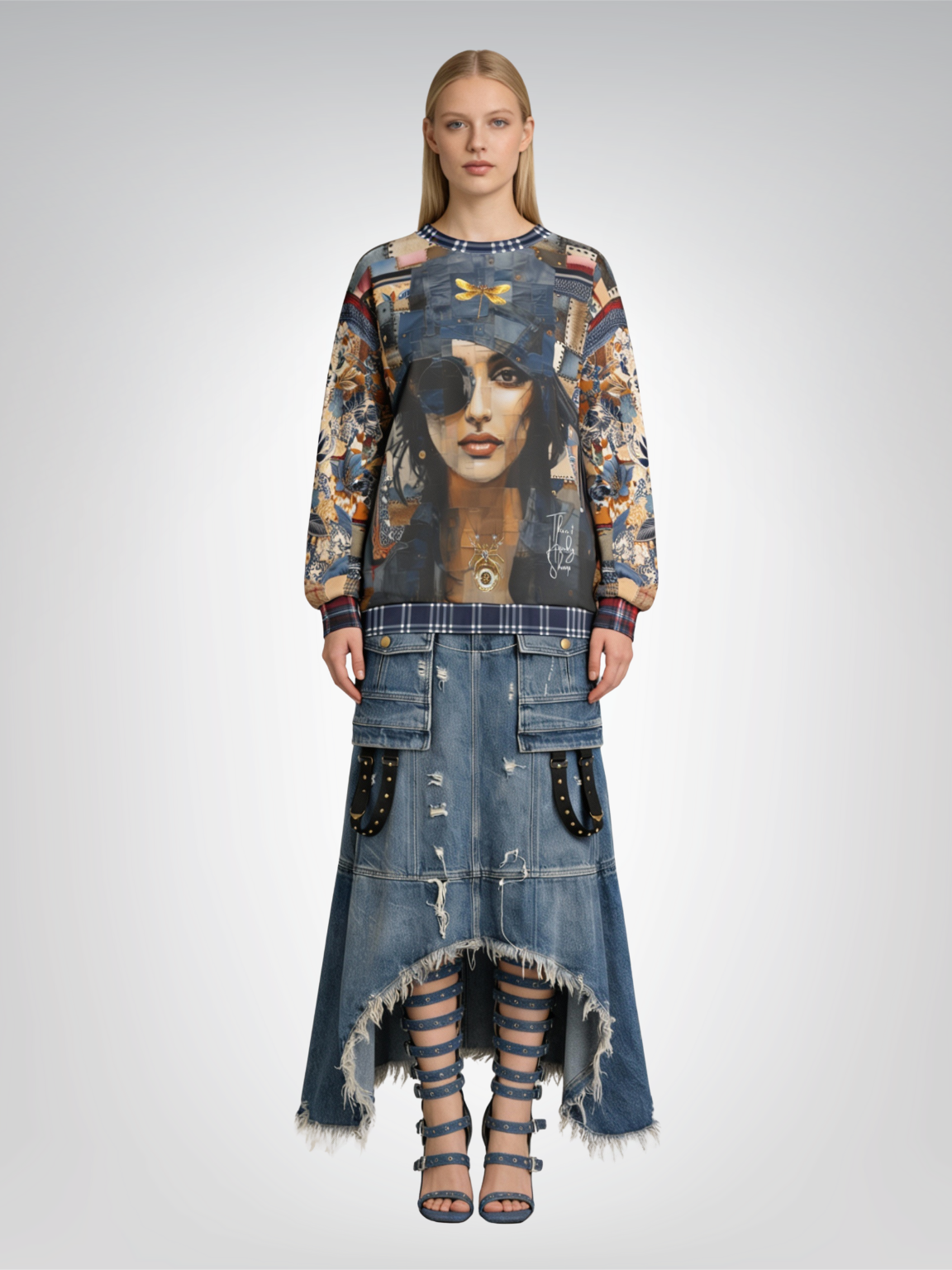 Raven Girl in Denim Chapeau Patchwork Print Unisex Sweatshirt (Gold Label)