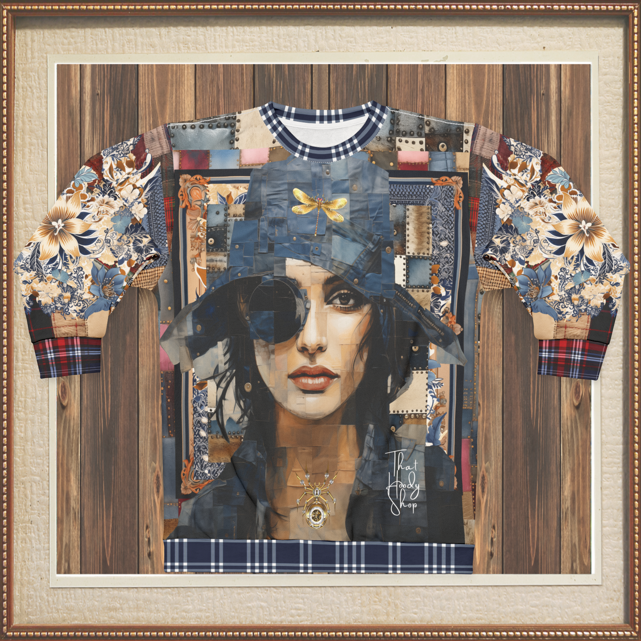 Raven Girl in Denim Chapeau Patchwork Print Unisex Sweatshirt (Gold Label)