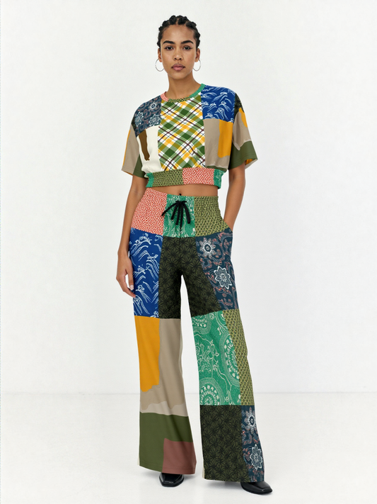 Razzamatazz Vintage Patchwork Eco-Poly Short Sleeve Cropped Pullover