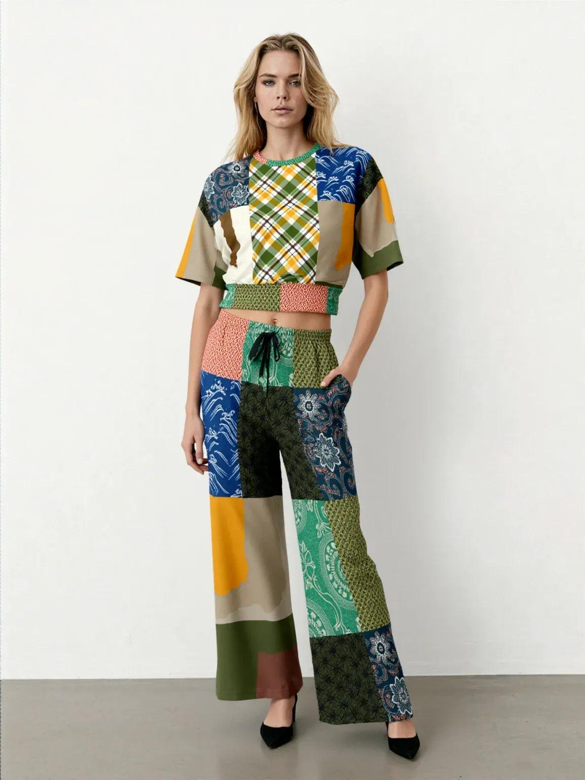 Razzamatazz Vintage Patchwork Eco-Poly Short Sleeve Cropped Pullover
