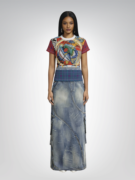 Red Oval in Denim and Gold Plate - Kandinsky AOP Women's Tee