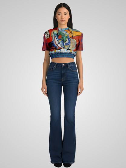 Red Oval on Gold and Denim Eco-Poly Short Sleeve Cropped Pullover