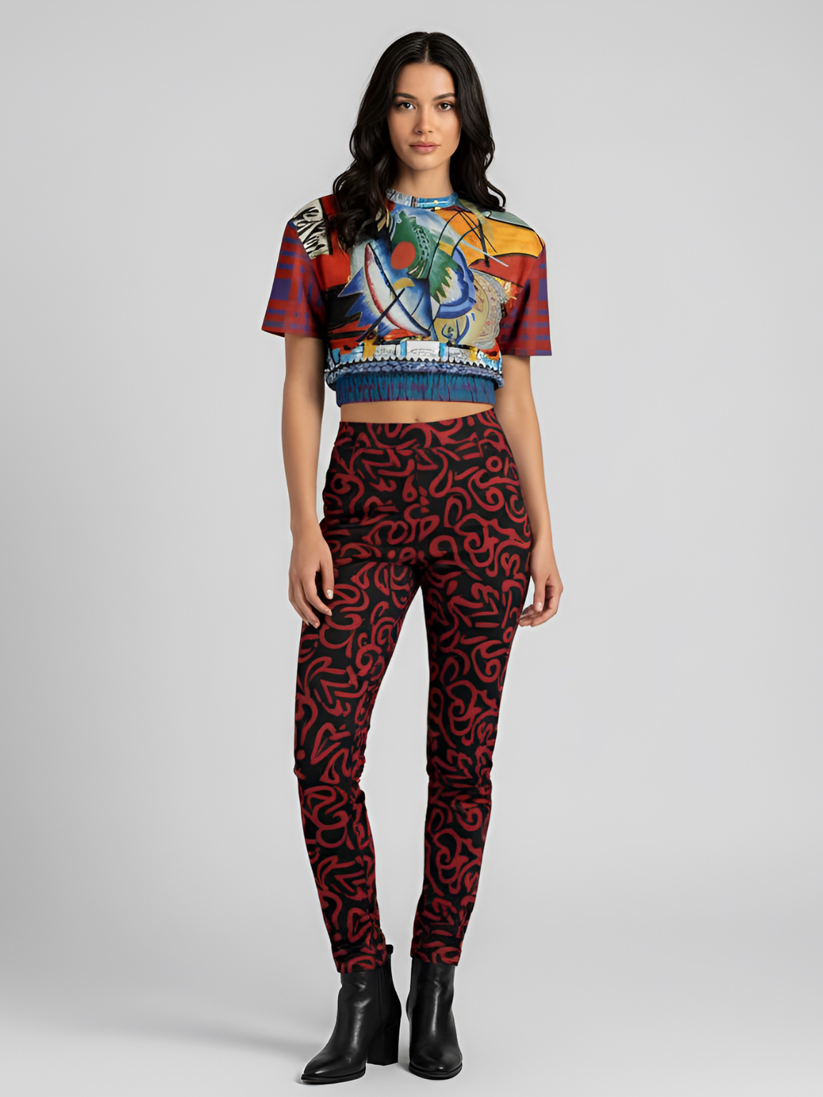 Red Oval on Gold and Denim Eco-Poly Short Sleeve Cropped Pullover