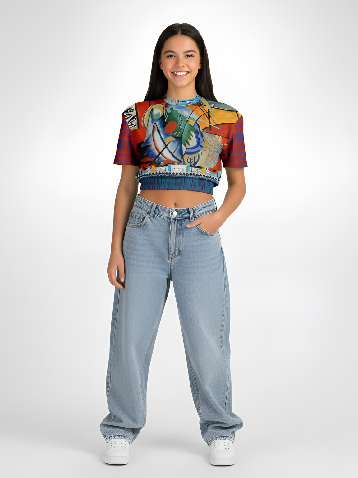 Red Oval on Gold and Denim Eco-Poly Short Sleeve Cropped Pullover