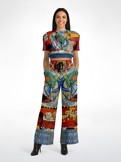 Red Oval on Gold and Denim Plate Eco-Poly Wide Leg Pants