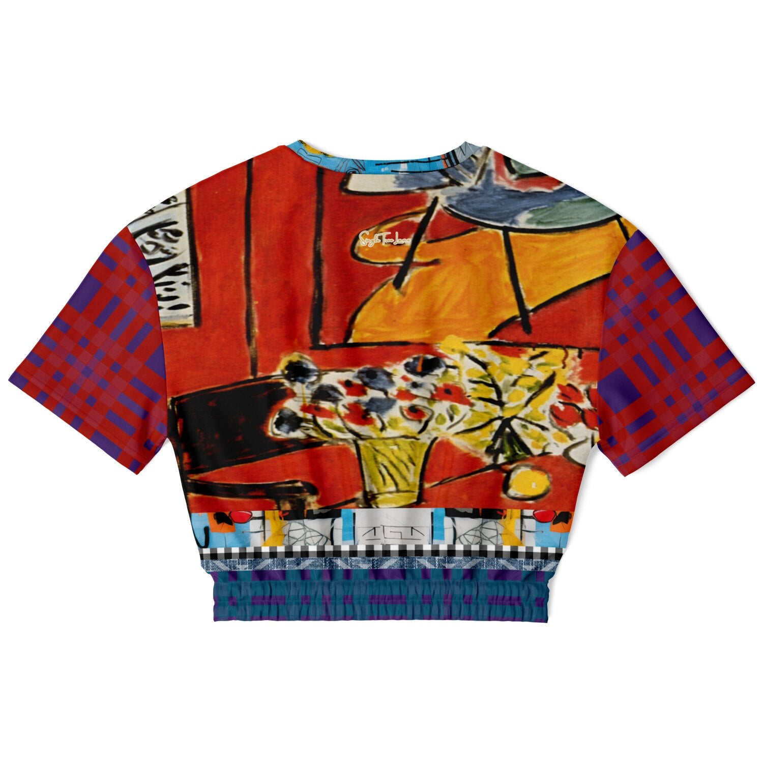 Red Oval on Gold and Denim Eco-Poly Short Sleeve Cropped Pullover