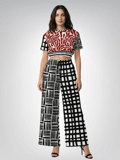 Red White Abstract Zebra in Hopscotch Eco-Poly Short Sleeve Cropped Pullover