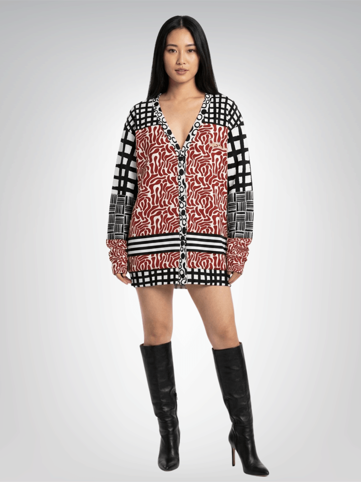 Red White Abstract Zebra in Hopscotch Heavyweight Unisex Cardigan