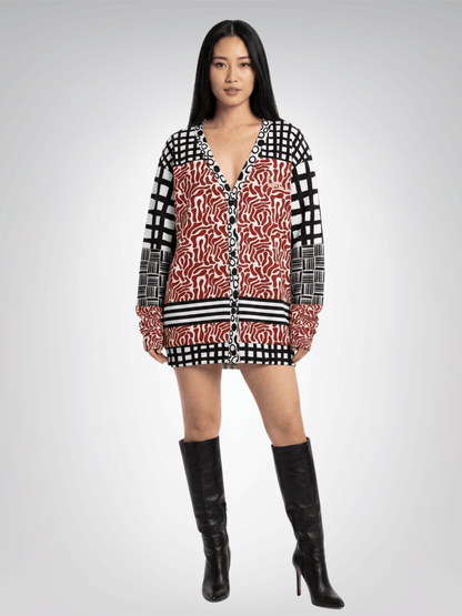 Red White Abstract Zebra in Hopscotch Heavyweight Unisex Cardigan
