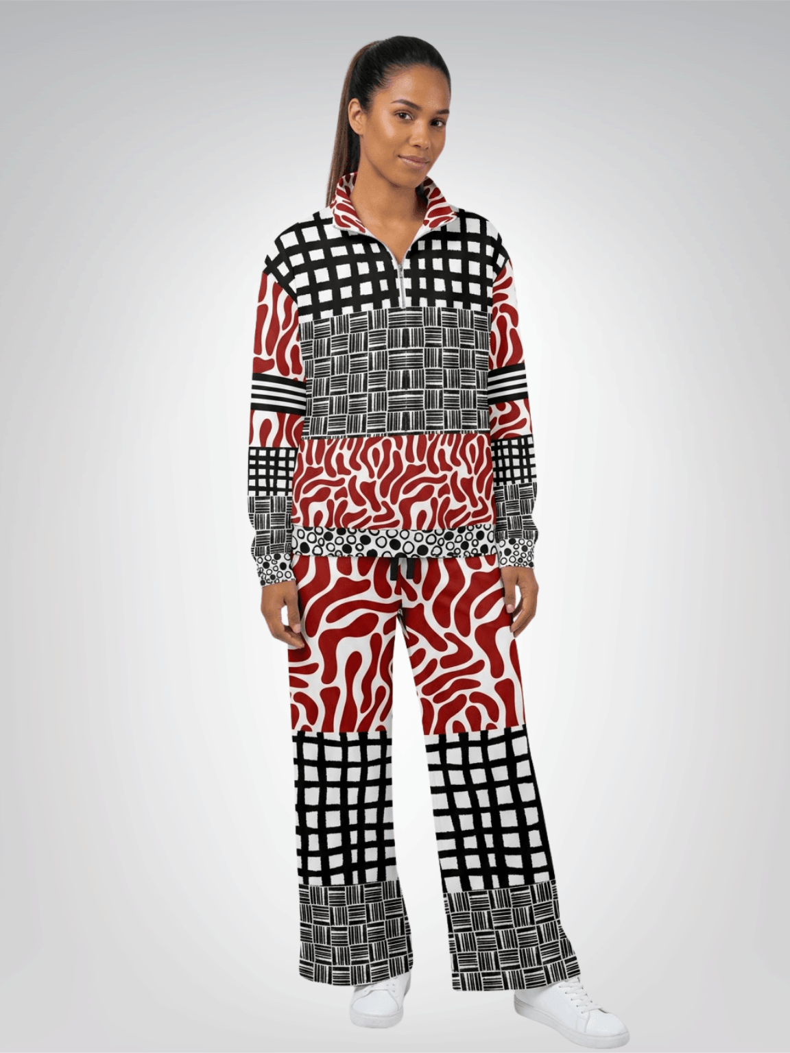 Red White Abstract Zebra in Hopscotch Eco-Poly Wide Leg Pants
