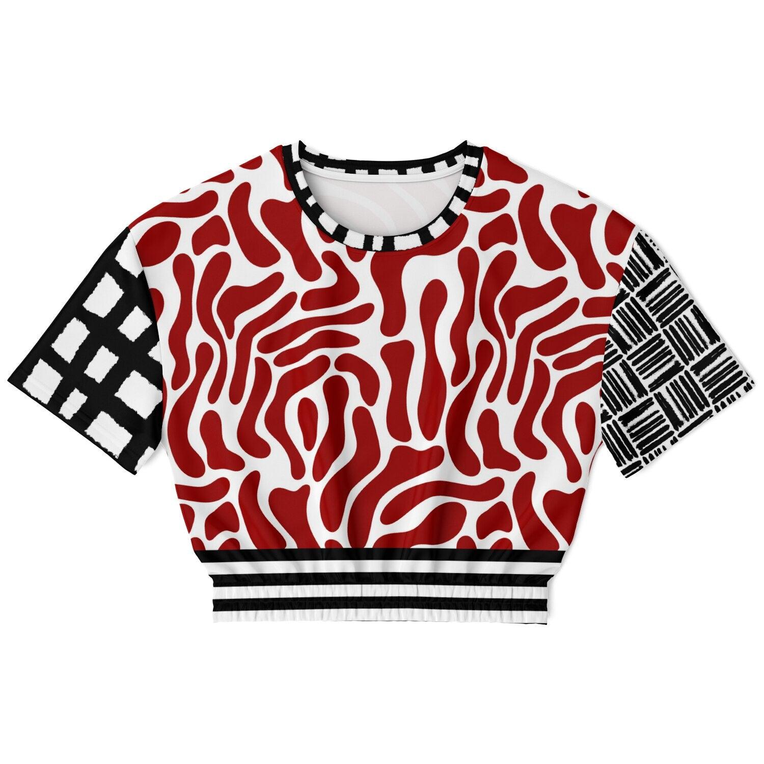 Red White Abstract Zebra in Hopscotch Eco-Poly Short Sleeve Cropped Pullover