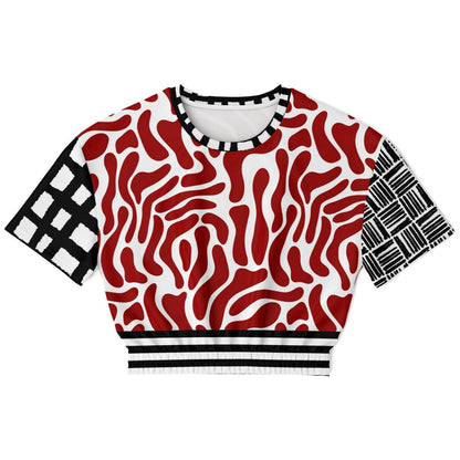 Red White Abstract Zebra in Hopscotch Eco-Poly Short Sleeve Cropped Pullover